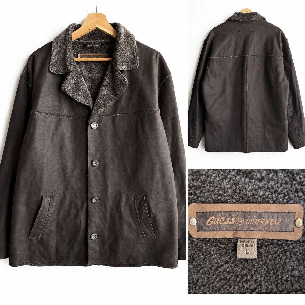 VTG Guess Outerwear Men’s Brown Genuine Leather Button Front Jacket Coat Retro